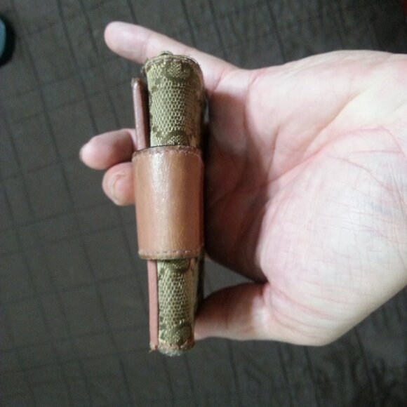 Vintage Gucci Key Holder Gold Heart Monogram Canvas Denim Tan Pink Snap - Picture 6 of 15